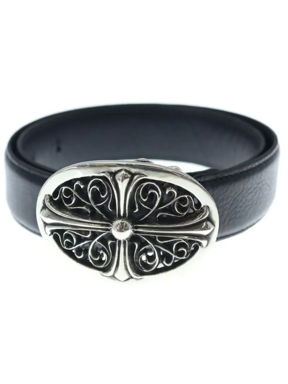 Chrome Hearts Buckle Oval Cross Leather Strap Integrated Shape Silver Belt